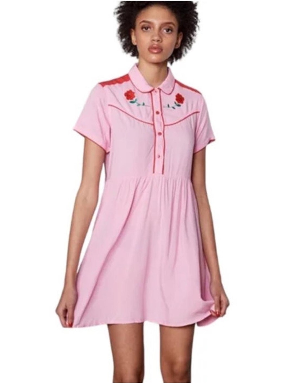 Lazy Oaf Pink Mini Dress with Flower Embroidery